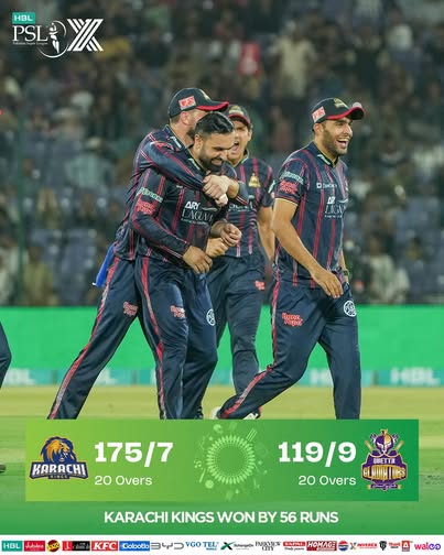 پی ایس ایل 10: کراچی کنگز نے کوئٹہ گلیڈی ایٹرز کو 56 رنز سے شکست دے دی